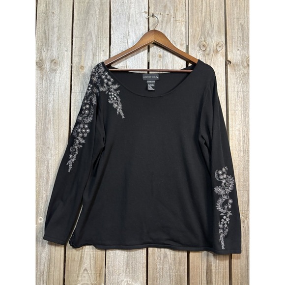 august silk Tops - August Silk Black Silk Blend Embroidered Sleeve Stretch Top Women's 1X